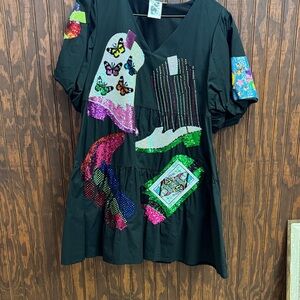 Black Sequin Patchwork Short Dress with Multicolor Accents